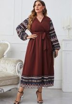 This Plus Size Women Tie v-Neck Long Sleeve Dress Made Of Soft And Elastic Fabric. Global Lover Wholesale Plus Size Dresses And Hope Curvy Ladies Find Here a Warm And Exciting Place To Shop Affordable Curvy Dresses Online - Plus Size Casual