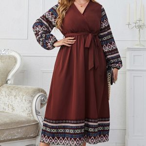 This Plus Size Women Tie v-Neck Long Sleeve Dress Made Of Soft And Elastic Fabric. Global Lover Wholesale Plus Size Dresses And Hope Curvy Ladies Find Here a Warm And Exciting Place To Shop Affordable Curvy Dresses Online - Plus Size Casual