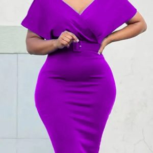 This Plus Size Women v Neck Bodycon Stretch Africa Dress With Belt Design Made Of High Quality Polyster And Spandex Material. It Come With Good Stretch And Wearing Comfortable. Women¡¯s Midi Dresses Is Omnipotent And Suit For All Kinds Of Occasions - Daily Wear