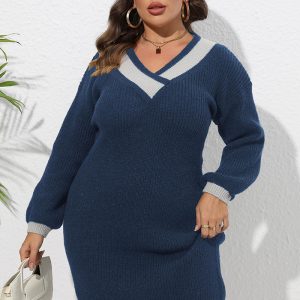 This Plus Size Women v-Neck Color Block Patchwork Bodycon Sweater Dress Made Of Soft And Elastic Fabric. Global Lover Wholesale Plus Size Dresses And Hope Curvy Ladies Find Here a Warm And Exciting Place To Shop Affordable Curvy Dresses Online - Plus Size Casual