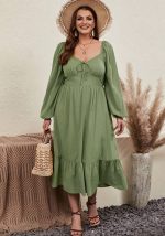 This Plus Size Women v Neck Puff Sleeve Long Sleeve Dress Made Of Soft And Elastic Fabric. Global Lover Wholesale Plus Size Dresses And Hope Curvy Ladies Find Here a Warm And Exciting Place To Shop Affordable Curvy Dresses Online - Plus Size Casual