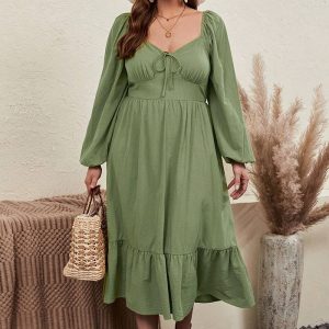 This Plus Size Women v Neck Puff Sleeve Long Sleeve Dress Made Of Soft And Elastic Fabric. Global Lover Wholesale Plus Size Dresses And Hope Curvy Ladies Find Here a Warm And Exciting Place To Shop Affordable Curvy Dresses Online - Plus Size Casual