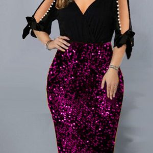 This Plus Size Women v Neck Sequin Cutout Half Sleeve Dress Design Made Of High Quality Polyster And Spandex Material. It Come With Good Stretch And Wearing Comfortable. Women¡¯s Midi Dresses Is Omnipotent And Suit For All Kinds Of Occasions - Daily Wear