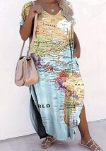 This Plus Size Women v-Neck Slit Map Print Short Sleeve Long Dress Made Of Soft And Elastic Fabric. Global Lover Wholesale Plus Size Dresses And Hope Curvy Ladies Find Here a Warm And Exciting Place To Shop Affordable Curvy Dresses Online - Plus Size Casual