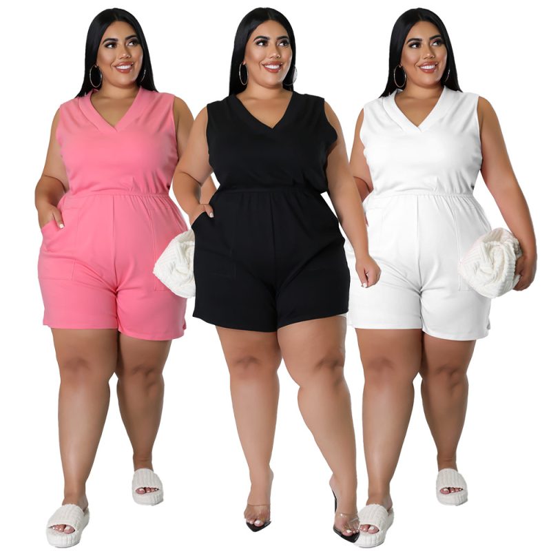 This Plus Size Women v Neck Solid Sleeveless With Pockets Jumpsuit Design Made Of High Quality Polyster And Spandex Material. It Is Stretchy