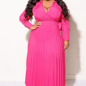 This Plus Size Women v-Neck Tie Long Sleeve Pleated Skirt Made Of Soft And Elastic Fabric. Global Lover Wholesale Plus Size Dresses And Hope Curvy Ladies Find Here a Warm And Exciting Place To Shop Affordable Curvy Dresses Online - Plus Size Casual