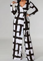 This Plus Size Women v-Neck Printed Long Sleeve Loose Jumpsuit Design Made Of High Quality Polyster And Spandex Material. It Is Stretchy