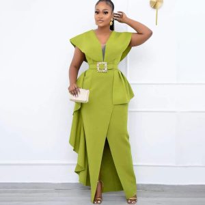 This Plus Size Women v-Neck Short Sleeve With Belt Slit Maxi Dress Design Made Of Good Quality Polyster And Spandex Material