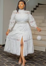 This Plus Size Women Vintage Hollow Lace Patchwork Solid Round Neck Loose Long Dress Design Made Of High Quality Polyster And Spandex Material. It Is Stretchy