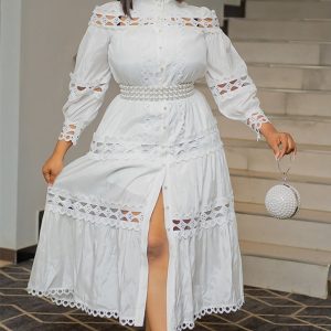 This Plus Size Women Vintage Hollow Lace Patchwork Solid Round Neck Loose Long Dress Design Made Of High Quality Polyster And Spandex Material. It Is Stretchy