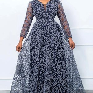 This Plus Size Women Vintage Print Mesh See-Through Maxi Dress Design Made Of High Quality Polyster And Spandex Material