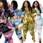 This Plus Size Women Vintage Printed Long Sleeve Shirt + Pants Two-Piece Set Design Made Of High Quality Polyster And Spandex Material. It Is Stretchy