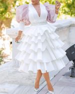 This Plus Size Women White Round Neck Puff Sleeve Puff Dress Design Made Of High Quality Polyster And Spandex Material. It Come With Good Stretch And Wearing Comfortable. Women¡¯s Midi Dresses Is Omnipotent And Suit For All Kinds Of Occasions - Daily Wear