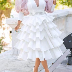 This Plus Size Women White Round Neck Puff Sleeve Puff Dress Design Made Of High Quality Polyster And Spandex Material. It Come With Good Stretch And Wearing Comfortable. Women¡¯s Midi Dresses Is Omnipotent And Suit For All Kinds Of Occasions - Daily Wear