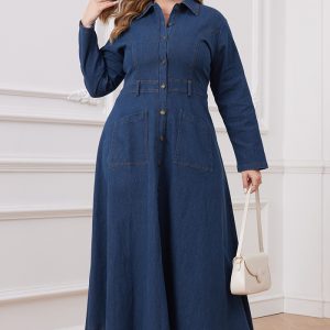 This Plus Size Women Women Denim Turndown Collar Long Sleeve Dress Made Of Soft And Elastic Fabric. Global Lover Wholesale Plus Size Dresses And Hope Curvy Ladies Find Here a Warm And Exciting Place To Shop Affordable Curvy Dresses Online - Plus Size Casual