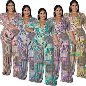 This Plus Size Women Clothes Short Sleeve Deep v Neck Print Fashion Casual Multi Color Jumpsuit Design Made Of High Quality Polyster And Spandex Material. It Is Stretchy