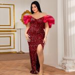 This Plus Size Women v-Neck Puff Sleeve Sequined High Waist Slit Maxi Dress Design Made Of Good Quality Polyster And Spandex Material