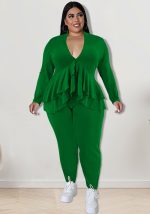 This Plus Size Women's Autumn Solid Ruffle Deep v Neck Long Sleeve Top Pencil Pants Two Piece Set Design And Made Of Comfortable And Elastic Fabric. Wholesale Plus Size Two Piece Sets Is a Must-Have Item For Curvy Ladies. Two Piece Sets Can Either Be Worn Together Or Individually