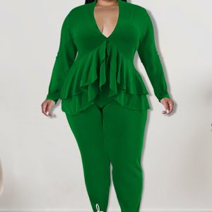 This Plus Size Women's Autumn Solid Ruffle Deep v Neck Long Sleeve Top Pencil Pants Two Piece Set Design And Made Of Comfortable And Elastic Fabric. Wholesale Plus Size Two Piece Sets Is a Must-Have Item For Curvy Ladies. Two Piece Sets Can Either Be Worn Together Or Individually