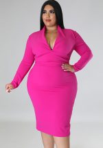 This Plus Size Women's Career v-Neck Solid Color Long Sleeve Midi Bodycon Dress Made Of Soft And Elastic Fabric. Global Lover Wholesale Plus Size Dresses And Hope Curvy Ladies Find Here a Warm And Exciting Place To Shop Affordable Curvy Dresses Online - Plus Size Casual