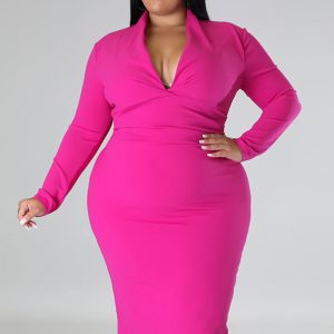 This Plus Size Women's Career v-Neck Solid Color Long Sleeve Midi Bodycon Dress Made Of Soft And Elastic Fabric. Global Lover Wholesale Plus Size Dresses And Hope Curvy Ladies Find Here a Warm And Exciting Place To Shop Affordable Curvy Dresses Online - Plus Size Casual