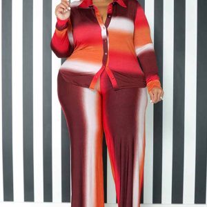 This Plus Size Women's Fall Gradient Print Long Sleeve Shirt And Pants Fashion Two Piece Set Design And Made Of Comfortable And Elastic Fabric. Wholesale Plus Size Two Piece Sets Is a Must-Have Item For Curvy Ladies. Two Piece Sets Can Either Be Worn Together Or Individually