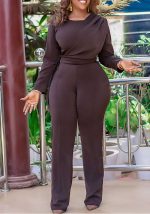 This Plus Size Women's Fall Winter Fashion Long Sleeve Solid Casual Wide Leg Jumpsuit Design Made Of High Quality Polyster And Spandex Material. It Is Stretchy