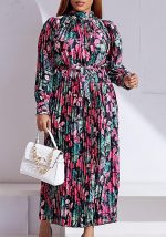 This Plus Size Women's Fall Winter Long Sleeve Printed Pleated Belt Maxi Dress Design Made Of High Quality Polyster And Spandex Material