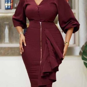 This Plus Size Women's Fall/Winter v-Neck Long Sleeve Top Bodycon Skirt Two Piece Set Design Made Of High Quality Polyster And Spandex Material. It Come With Good Stretch And Wearing Comfortable. Women¡¯s Midi Dresses Is Omnipotent And Suit For All Kinds Of Occasions - Daily Wear