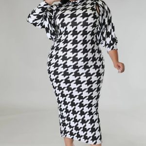 This Plus Size Women's Fashion Chic Sexy Houndstooth Print Dress Two Piece Set Made Of Soft And Elastic Fabric. Global Lover Wholesale Plus Size Dresses And Hope Curvy Ladies Find Here a Warm And Exciting Place To Shop Affordable Curvy Dresses Online - Plus Size Casual