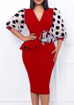 This Plus Size Women's Fashion Dot Mesh Patchwork v Neck Chic Career Bodycon Dress Design Made Of High End Polyster And Spandex Material