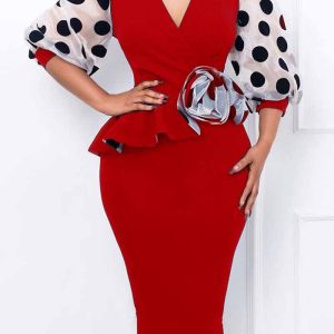 This Plus Size Women's Fashion Dot Mesh Patchwork v Neck Chic Career Bodycon Dress Design Made Of High End Polyster And Spandex Material