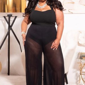 This Plus Size Women's Loose Wide Leg Slim Waist Sexy See-Through Nightclub Jumpsuit Design Made Of High Quality Polyster And Spandex Material. It Is Stretchy