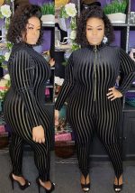 This Plus Size Women's Mesh Flocked Stripe Tight Fitting Zip Long Sleeve Jumpsuit Design Made Of High Quality Polyster And Spandex Material. It Is Stretchy