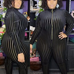 This Plus Size Women's Mesh Flocked Stripe Tight Fitting Zip Long Sleeve Jumpsuit Design Made Of High Quality Polyster And Spandex Material. It Is Stretchy