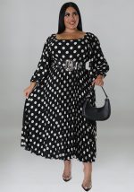 This Plus Size Women's Polka Dot Print Long Sleeve Pleated Dress With Belt Made Of Soft And Elastic Fabric. Global Lover Wholesale Plus Size Dresses And Hope Curvy Ladies Find Here a Warm And Exciting Place To Shop Affordable Curvy Dresses Online - Plus Size Casual