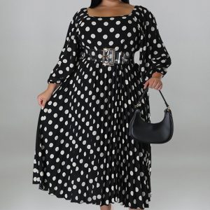 This Plus Size Women's Polka Dot Print Long Sleeve Pleated Dress With Belt Made Of Soft And Elastic Fabric. Global Lover Wholesale Plus Size Dresses And Hope Curvy Ladies Find Here a Warm And Exciting Place To Shop Affordable Curvy Dresses Online - Plus Size Casual