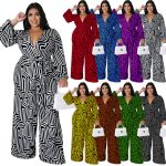 This Plus Size Women's Print Long Sleeve Wrap Wide Leg Jumpsuit Design Made Of High Quality Polyster And Spandex Material. It Is Stretchy