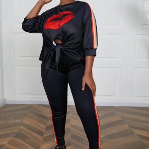 This Plus Size Women's Red Lip Tie Top Tight Pants Set Color Band Patchwork Two Piece Set Design And Made Of Comfortable And Elastic Fabric. Wholesale Plus Size Two Piece Sets Is a Must-Have Item For Curvy Ladies. Two Piece Sets Can Either Be Worn Together Or Individually