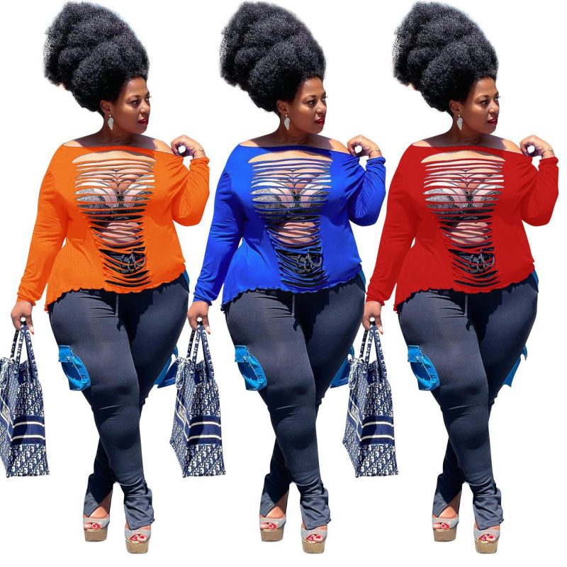 This Plus Size Women's Solid Long Sleeve Cutout Ripped Top Made Of Comfortable And Elastic Fabric. It Is Wholesale Sexy Plus Size Tops For Women. With The Gradual Rise Of Feminist Awareness