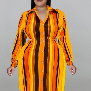 This Plus Size Women's Striped Print Turndown Collar Long Sleeve Shirt Dress Made Of Soft And Elastic Fabric. Global Lover Wholesale Plus Size Dresses And Hope Curvy Ladies Find Here a Warm And Exciting Place To Shop Affordable Curvy Dresses Online - Plus Size Casual