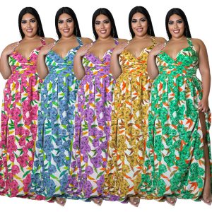 This Plus Size Women's Summer Sexy Floral Printing Straps Backless Slit Maxi Dress Made Of Soft And Elastic Fabric. Global Lover Wholesale Plus Size Dresses And Hope Curvy Ladies Find Here a Warm And Exciting Place To Shop Affordable Curvy Dresses Online - Plus Size Casual