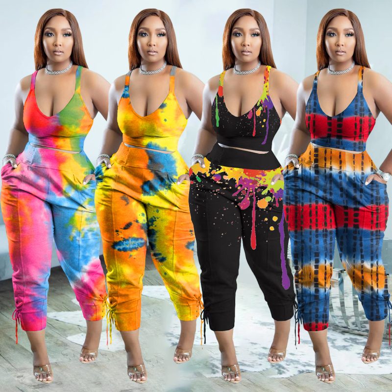 This Plus Size Women's Suspender Casual Fashion Tie Dye Splatter Two Piece Set Design And Made Of Comfortable And Elastic Fabric. Wholesale Plus Size Two Piece Sets Is a Must-Have Item For Curvy Ladies. Two Piece Sets Can Either Be Worn Together Or Individually