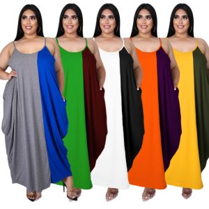 This Plus Size Women's Suspender Women Plus Size Outdoor Wear Summer Colorblock Strap Loose Long Dress Made Of Soft And Elastic Fabric. Global Lover Wholesale Plus Size Dresses And Hope Curvy Ladies Find Here a Warm And Exciting Place To Shop Affordable Curvy Dresses Online - Plus Size Casual