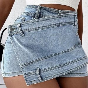 This Plus Size Women's a-Line High Waist Irregular Wide-Leg Shorts Women's Summer Slim Fit Denim Skirt Shorts Trendy And Made Of Polyster And Spandex Material. It Is a Must-Have Item For Everyday Life. Skirts Styles Range From Casual To Sporty