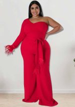 This Plus Size Women's Asymmetrical One Shoulder Jumpsuit Design Made Of High Quality Polyster And Spandex Material. It Is Stretchy