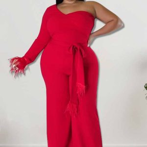 This Plus Size Women's Asymmetrical One Shoulder Jumpsuit Design Made Of High Quality Polyster And Spandex Material. It Is Stretchy