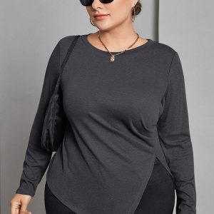 This Plus Size Women's Autumn And Winter Long Sleeve t-Shirt Irregular Slit Versatile Basic Slim Top Made Of Comfortable And Elastic Fabric. It Is Wholesale Sexy Plus Size Tops For Women. With The Gradual Rise Of Feminist Awareness