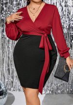 This Plus Size Women's Autumn And Winter Patchwork Contrast Color Sexy v-Neck Slim Long Sleeve Bodycon Dress Made Of Soft And Elastic Fabric. Global Lover Wholesale Plus Size Dresses And Hope Curvy Ladies Find Here a Warm And Exciting Place To Shop Affordable Curvy Dresses Online - Plus Size Casual