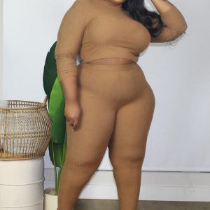 This Plus Size Women's Autumn And Winter Solid Color Ribbed Long Sleeve Two-Piece Set Design And Made Of Comfortable And Elastic Fabric. Wholesale Plus Size Two Piece Sets Is a Must-Have Item For Curvy Ladies. Two Piece Sets Can Either Be Worn Together Or Individually